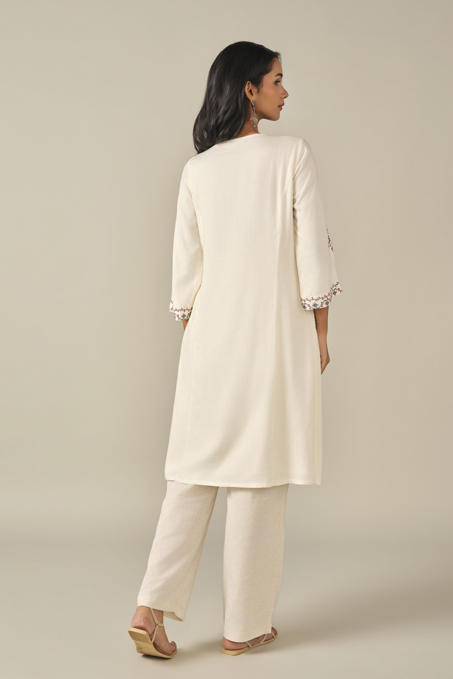 A-Line Embroidered Kurta in White, White, image 5